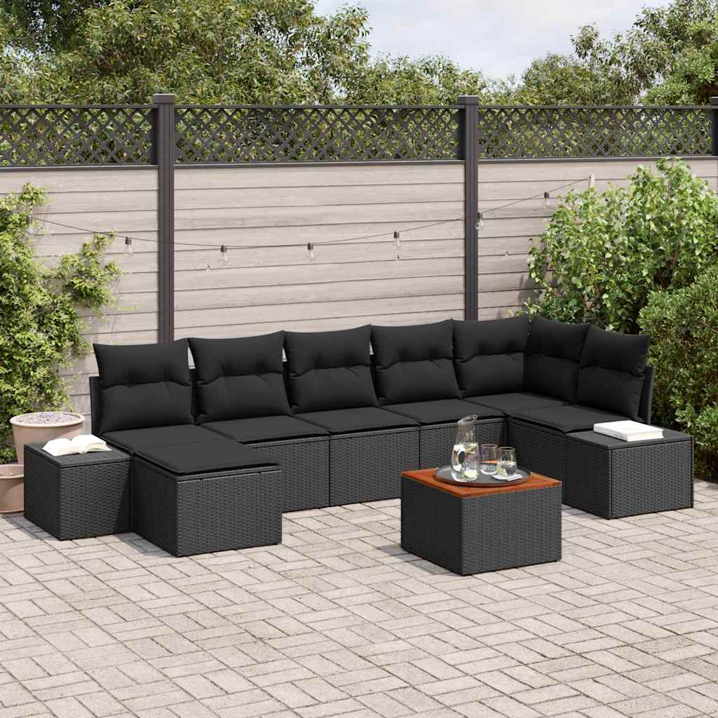 Havesofa Sæt med pude 8 pcs Sort polyrattan