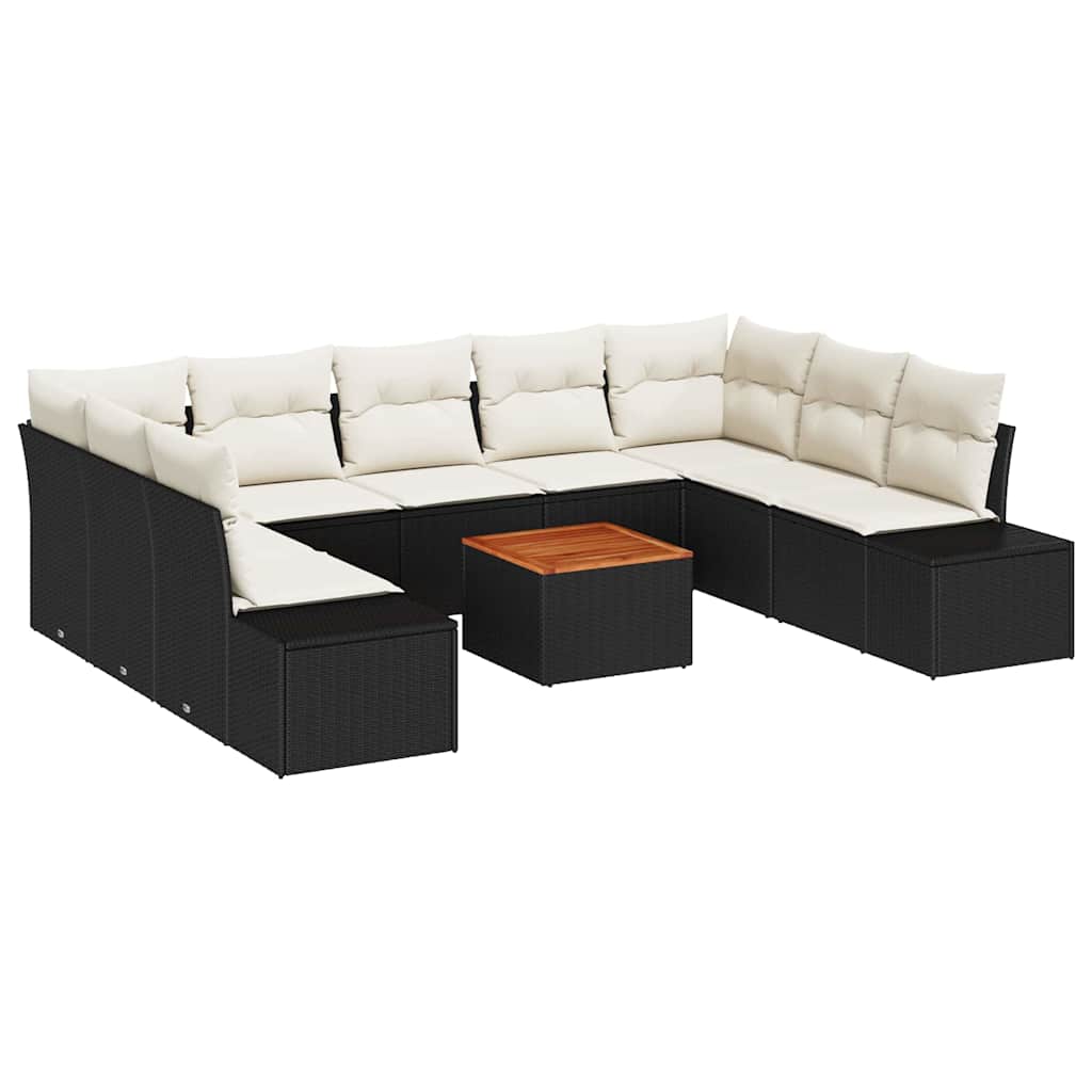 Havesofa Sæt med pude 10 pcs Sort polyrattan