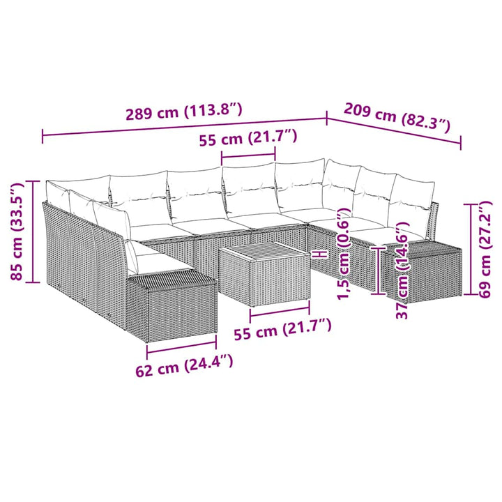 Havesofa Sæt med pude 10 pcs Sort polyrattan
