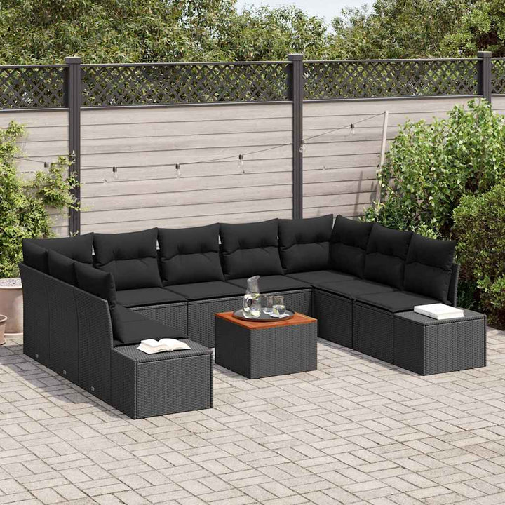 Havesofa Sæt med pude 10 pcs Sort polyrattan