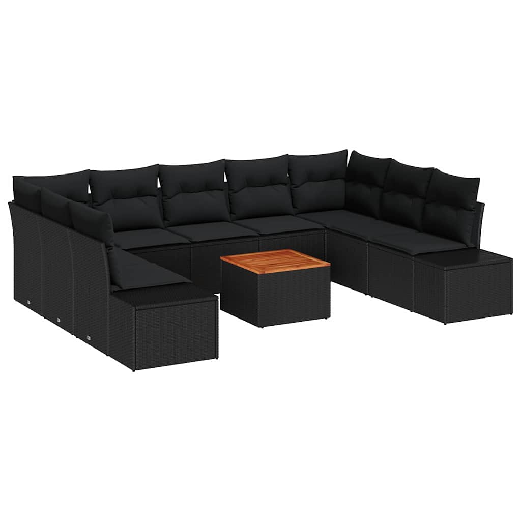 Havesofa Sæt med pude 10 pcs Sort polyrattan
