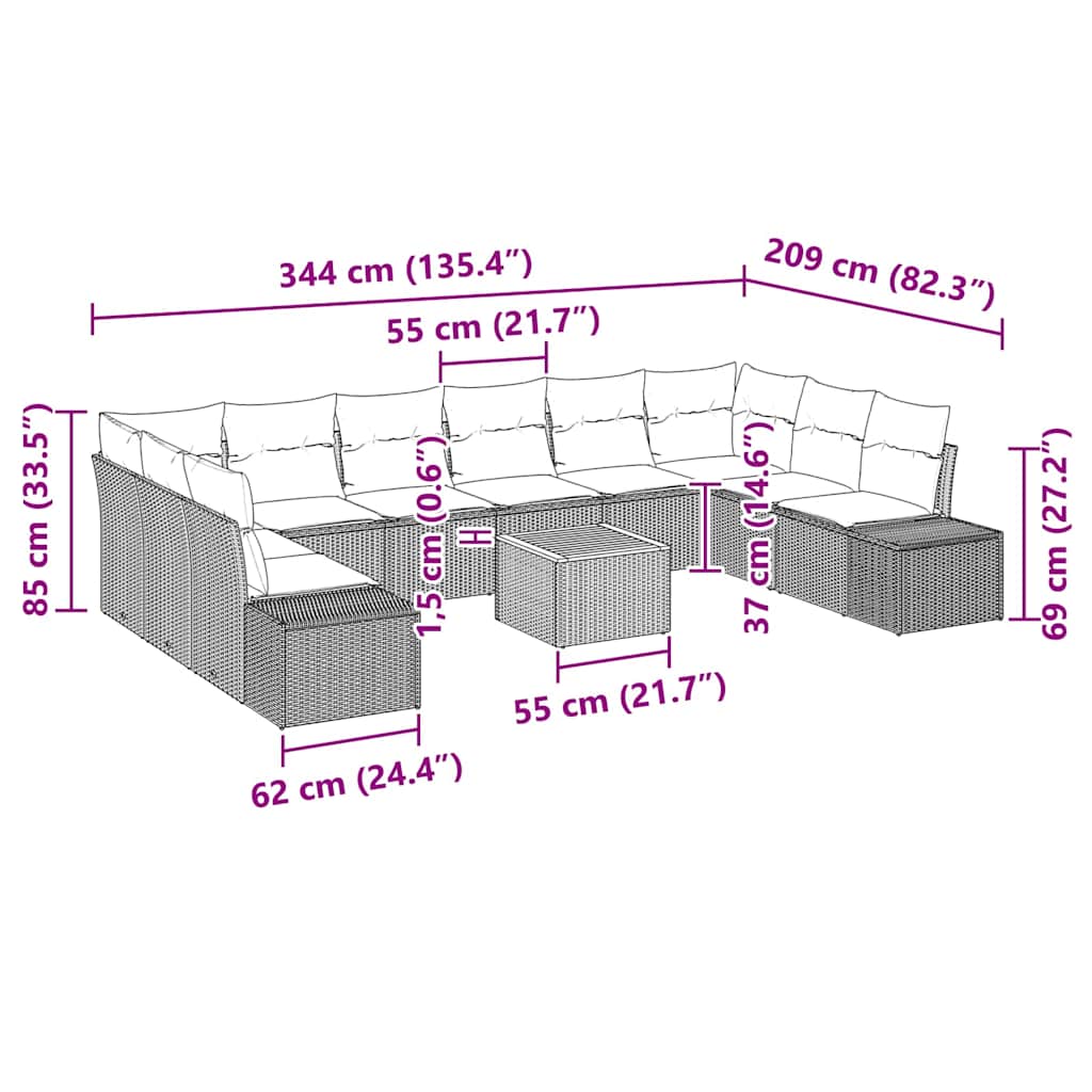 Havesofa Sæt med pude 11 pcs Beige polyrattan