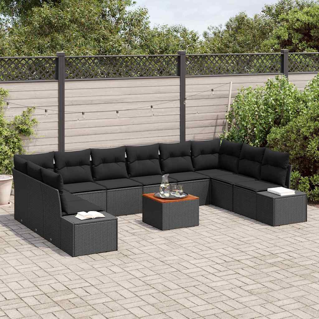 Havesofa Sæt med pude 11 pcs Sort polyrattan