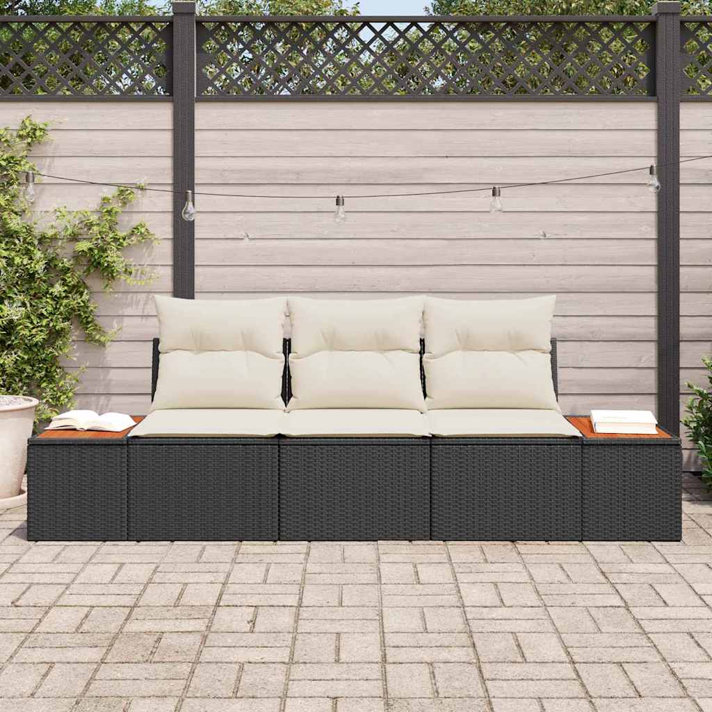Havesofa Sæt med pude 3 pcs Sort polyrattan