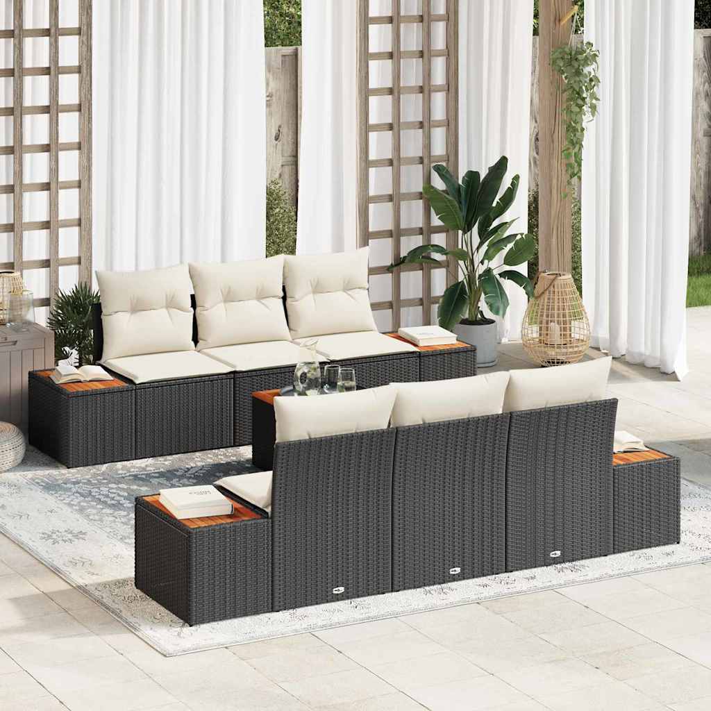 Havesofa Sæt med pude 7 pcs Sort Poly rattan