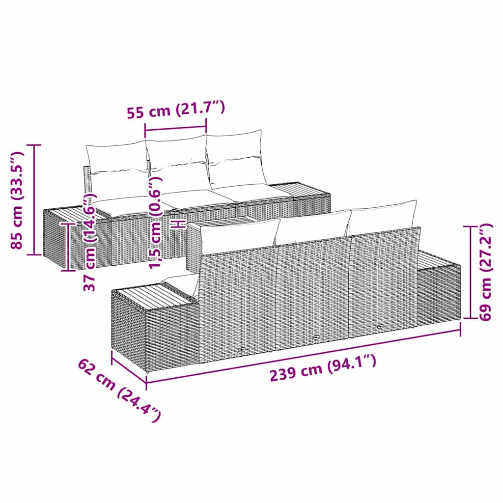 Havesofa Sæt med pude 7 pcs Sort Poly rattan