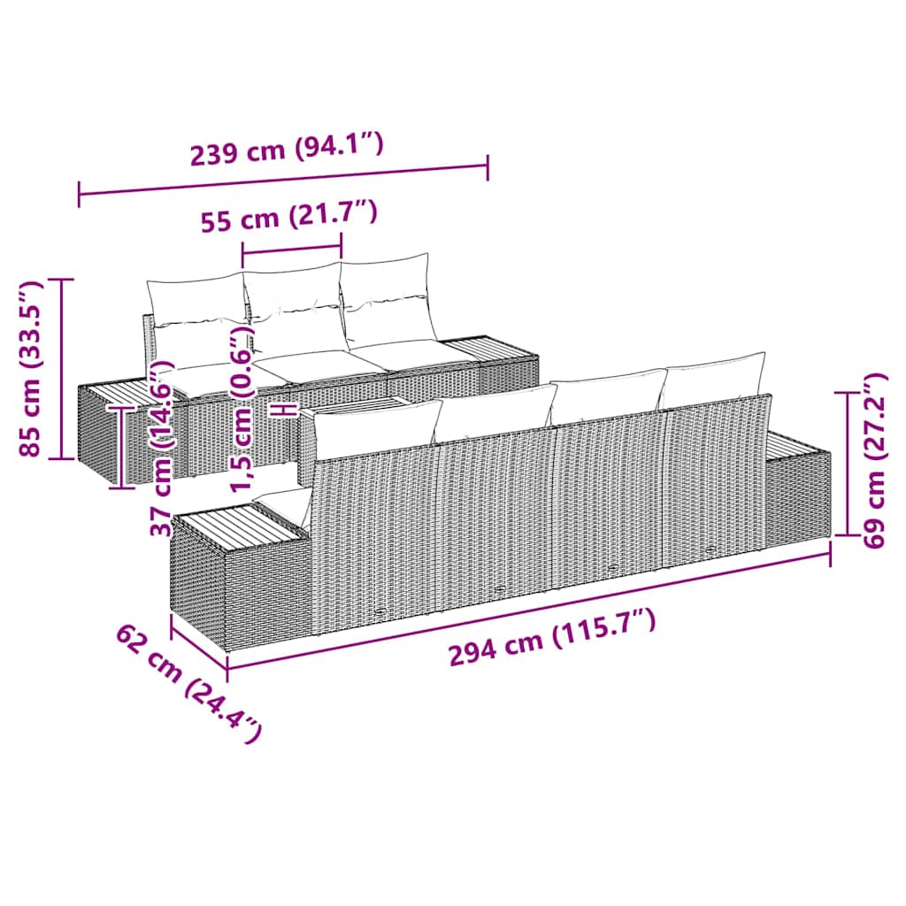 Havesofa Sæt med pude 8 pcs Sort Poly rattan
