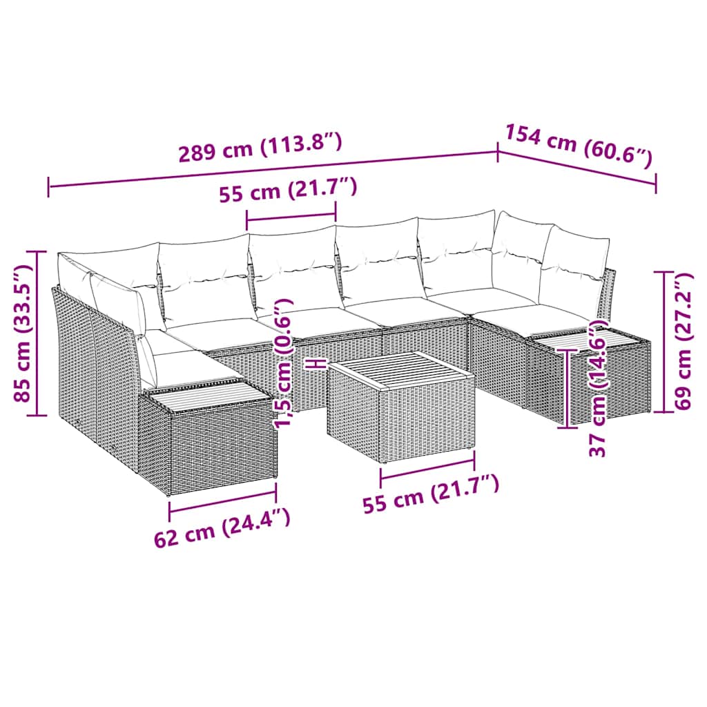 Havesofa Sæt 8 stk. Sort Poly rattan