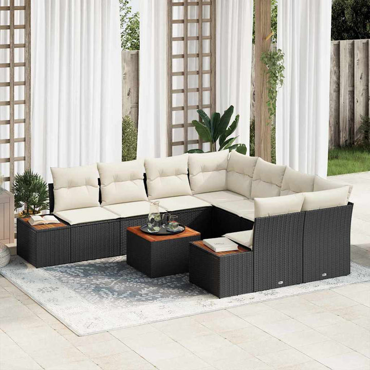 Havesofa Sæt med pude 9 pcs Sort Poly rattan