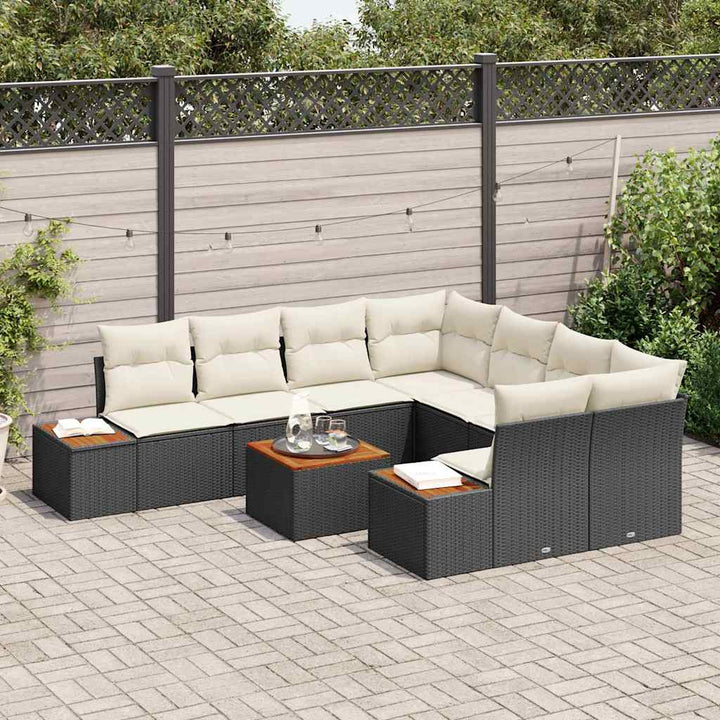 Havesofa Sæt med pude 9 pcs Sort Poly rattan