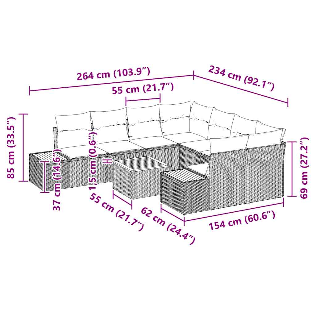 Havesofa Sæt med pude 9 pcs Sort Poly rattan