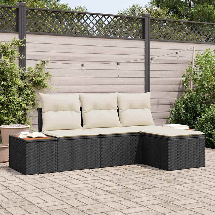 Havesofa Sæt med pude med pude 4 pcs Sort polyrattan