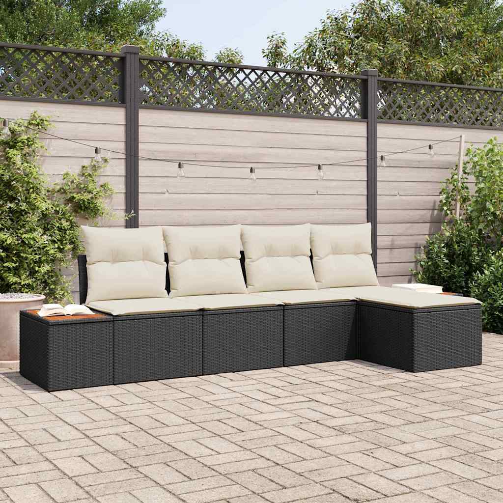 Havesofa Sæt med pude 5 pcs Sort Poly rattan