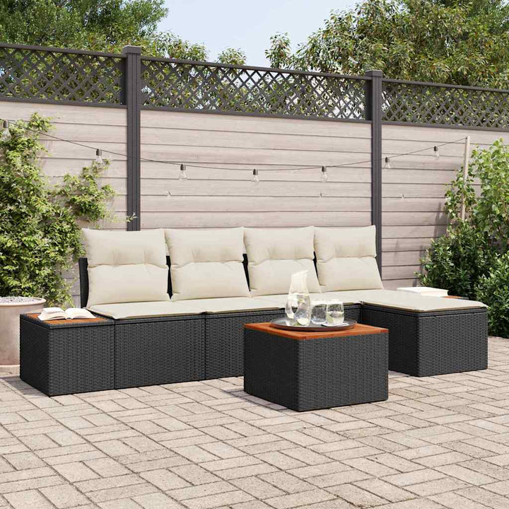 Havesofa Sæt med pude 6 pcs Sort Poly rattan