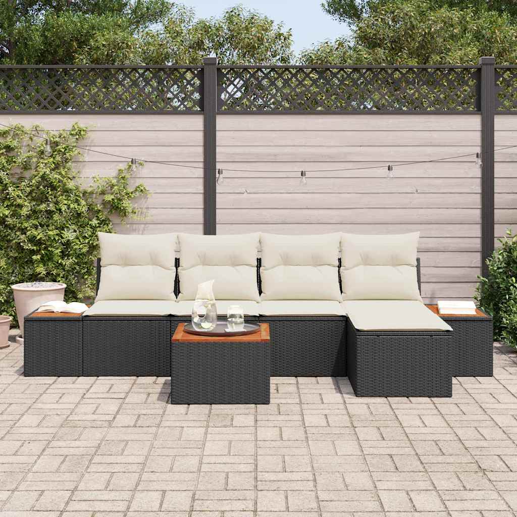Havesofa Sæt med pude 6 pcs Sort Poly rattan