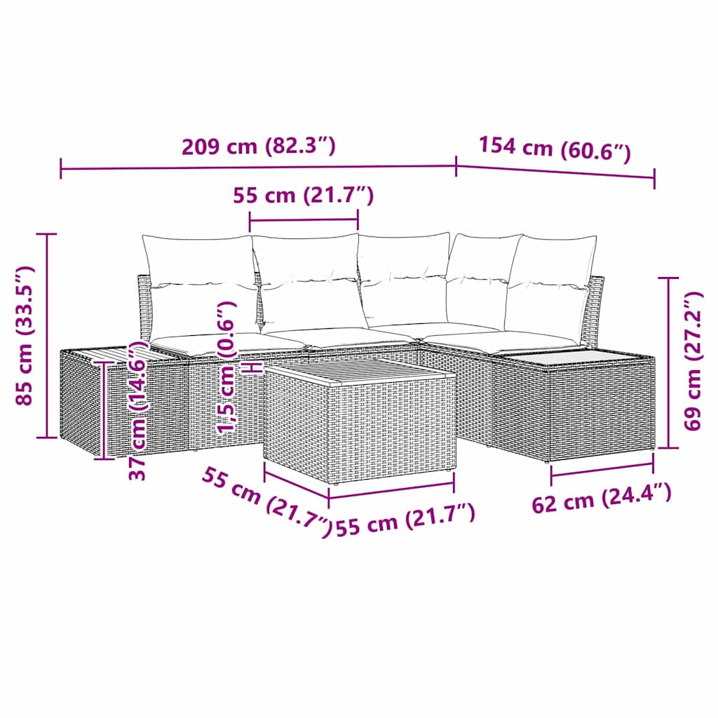 Havesofa Sæt 5 stk. Sort Poly rattan