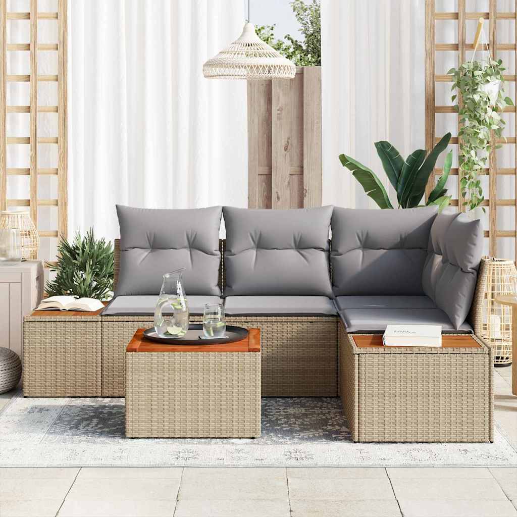 Havesofa Sæt med pude 5 pcs Beige Poly rattan
