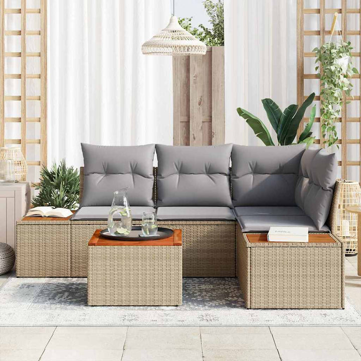 Havesofa Sæt med pude 5 pcs Beige Poly rattan