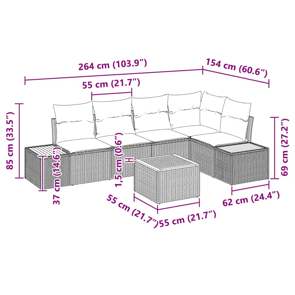 Havesofa Sæt 6 stk. Sort Poly rattan