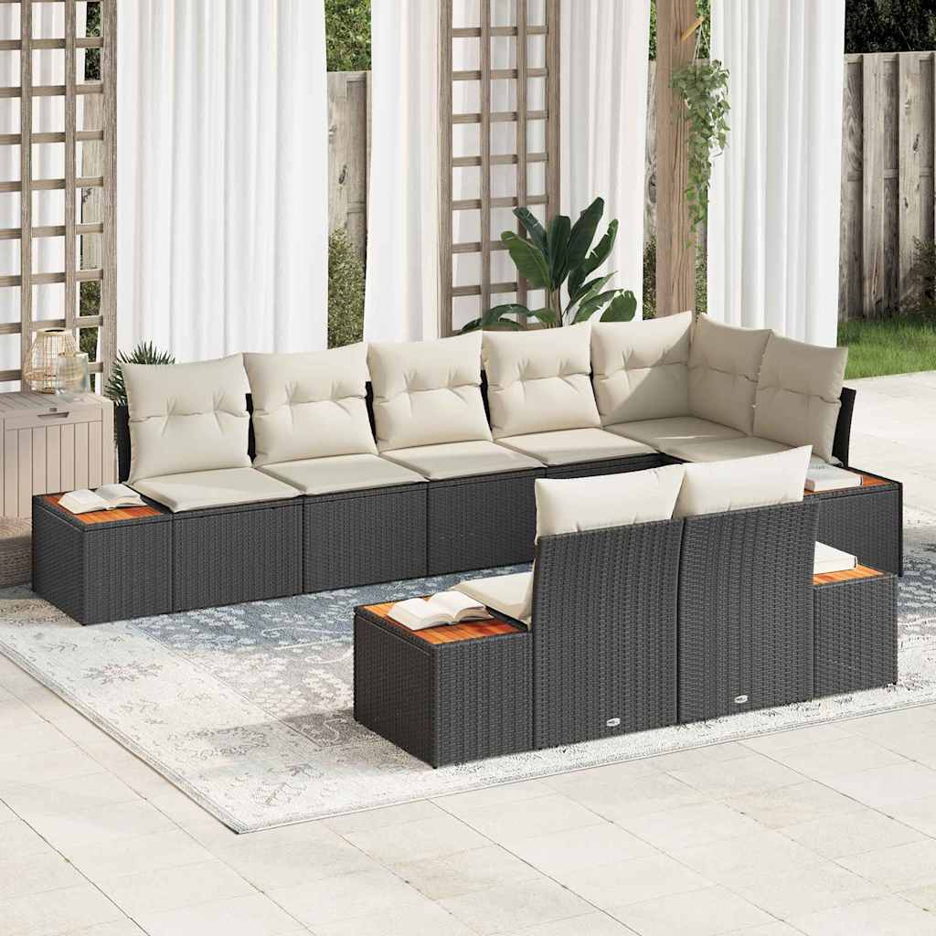 Havesofa Sæt med pude 8 pcs Sort Poly rattan