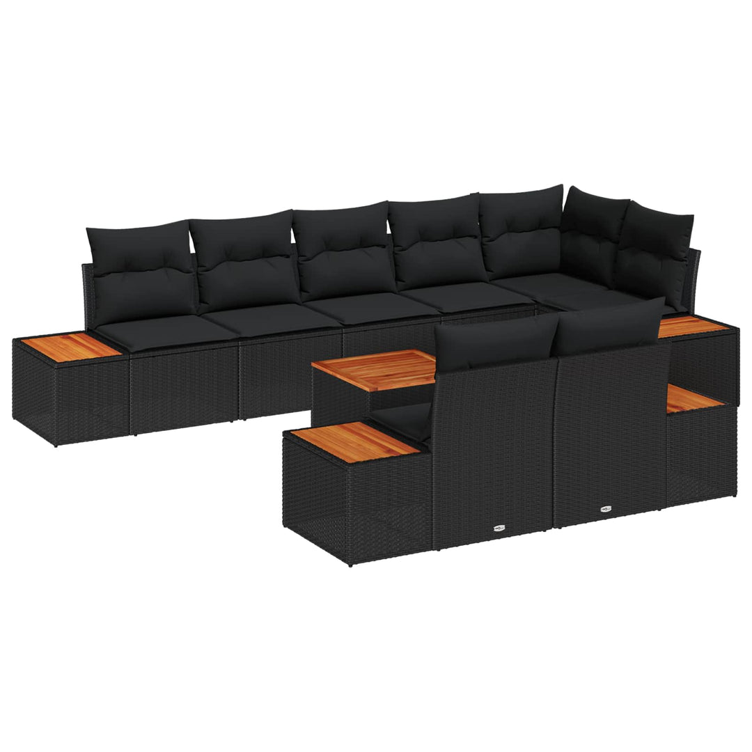 Havesofa Sæt med pude 9 pcs Sort Poly rattan