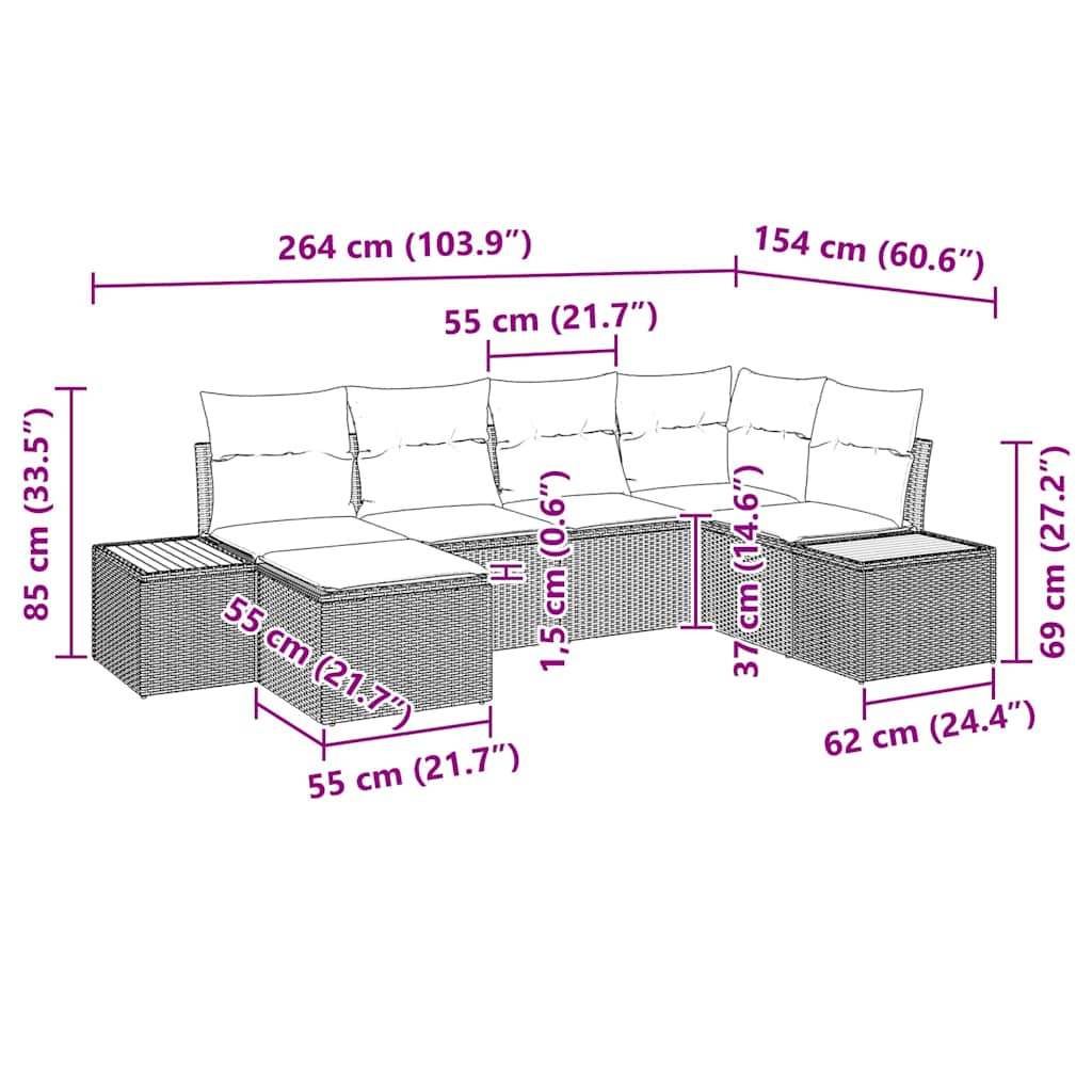Havesofa Sæt 6 stk. Sort polyrattan