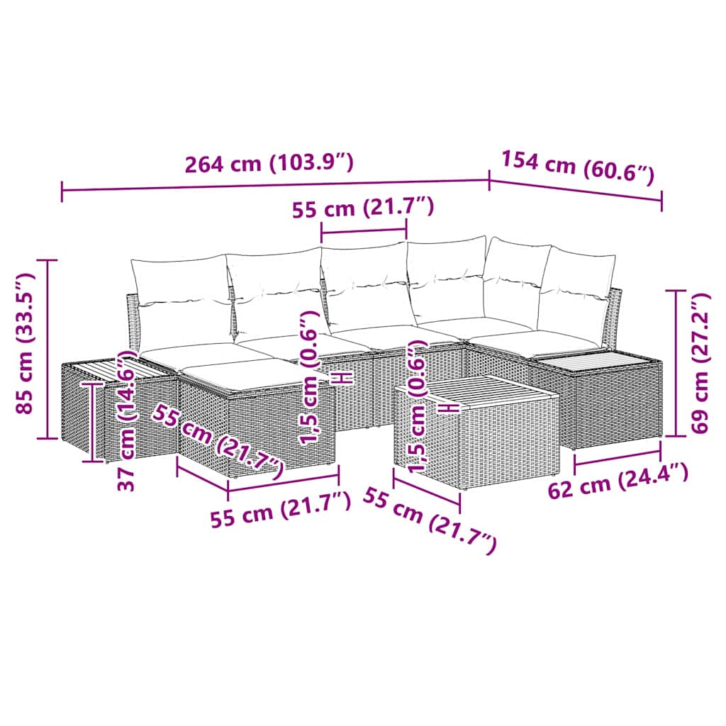Havesofa Sæt 7 stk. Sort polyrattan