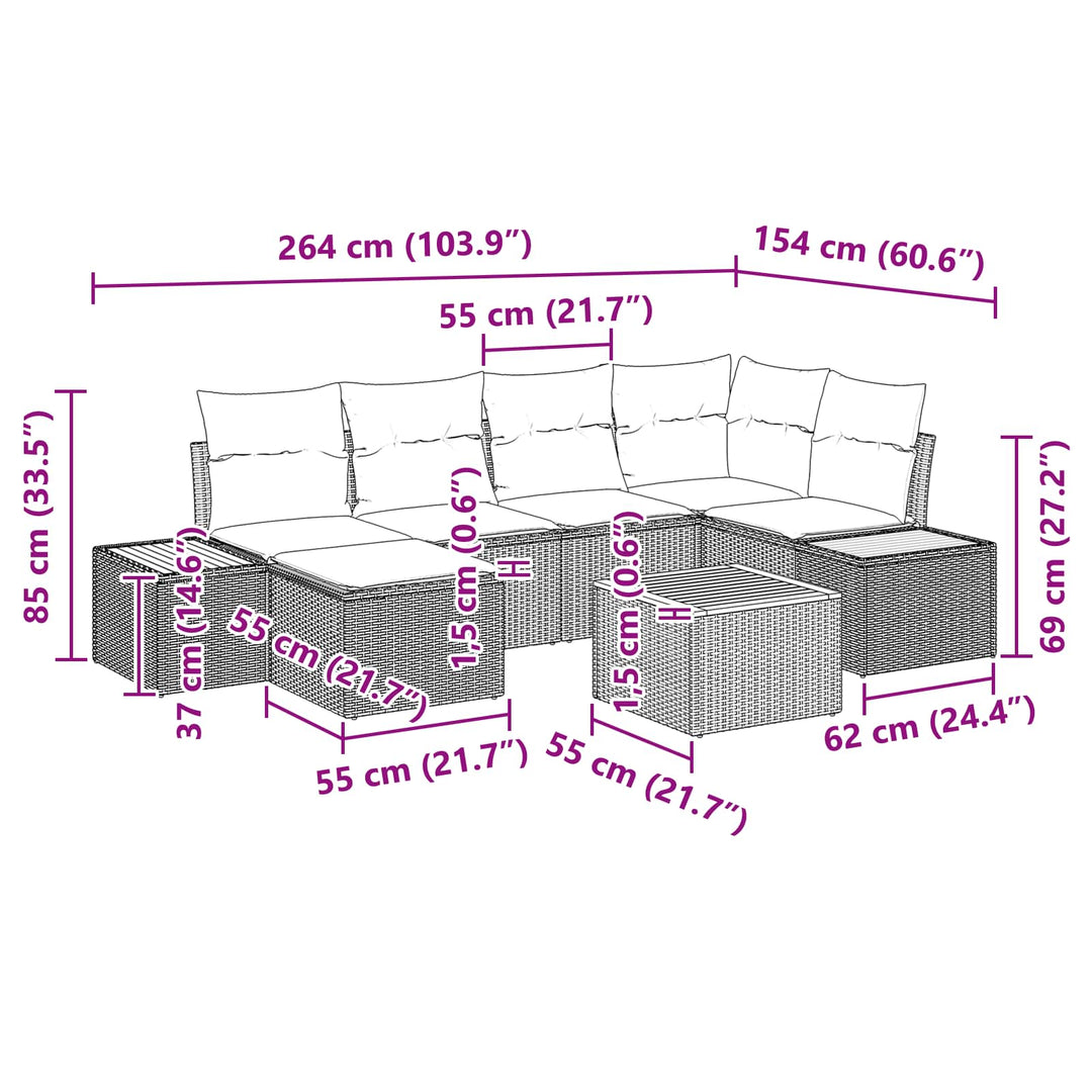 Havesofa Sæt med pude 7 pcs Sort polyrattan