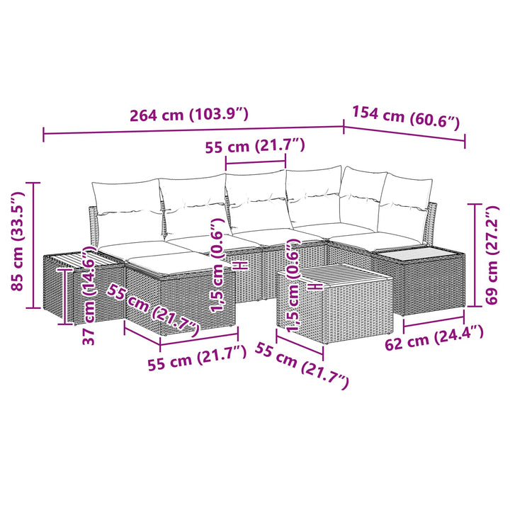 Havesofa Sæt med pude 7 pcs Sort polyrattan