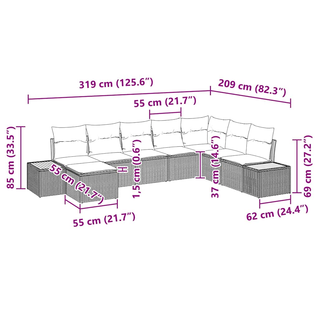 Havesofa Sæt 8 stk. Sort Poly rattan