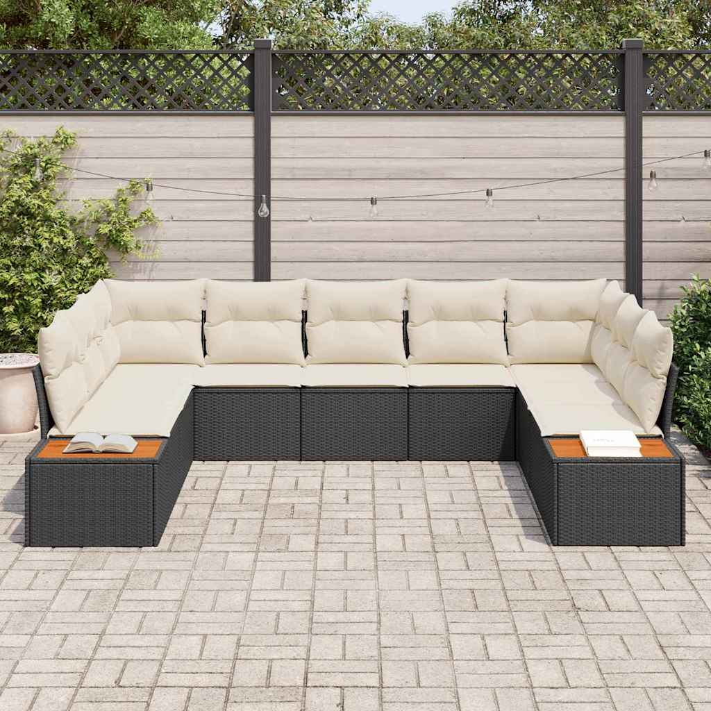 Havesofa Sæt med pude 9 pcs Sort Poly rattan