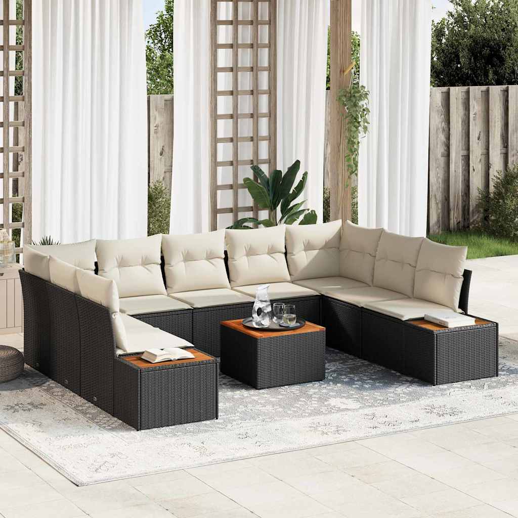 Havesofa Sæt med pude 10 pcs Sort Poly rattan
