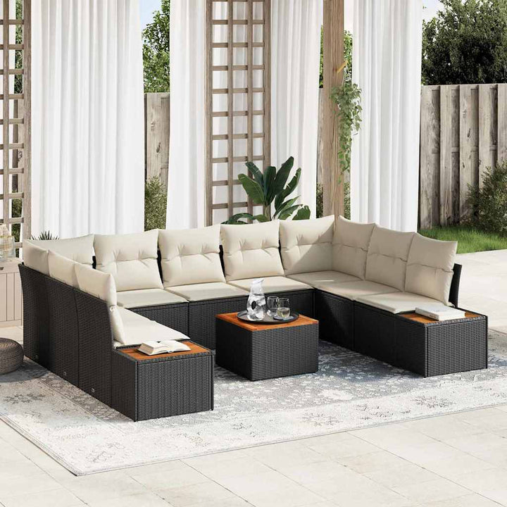 Havesofa Sæt med pude 10 pcs Sort Poly rattan