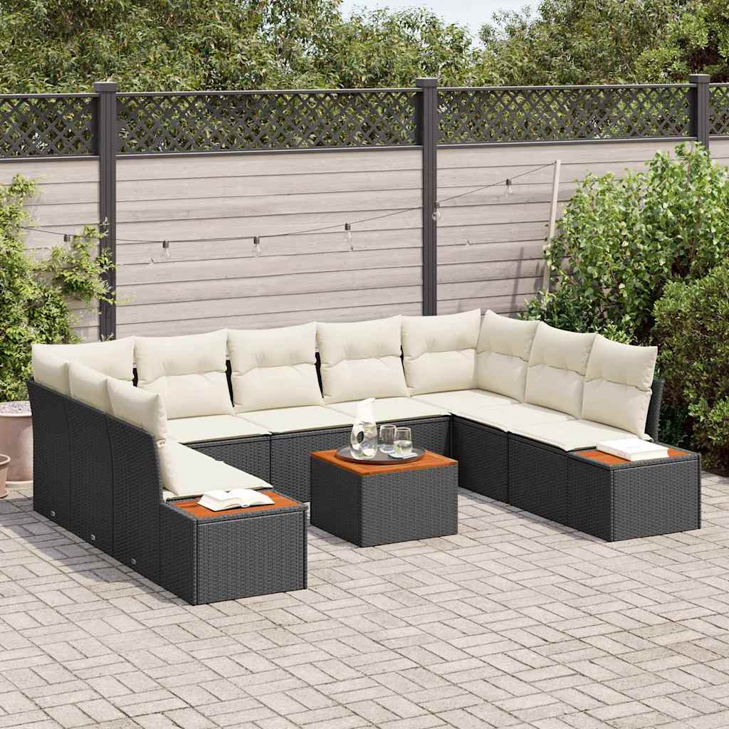 Havesofa Sæt med pude 10 pcs Sort Poly rattan