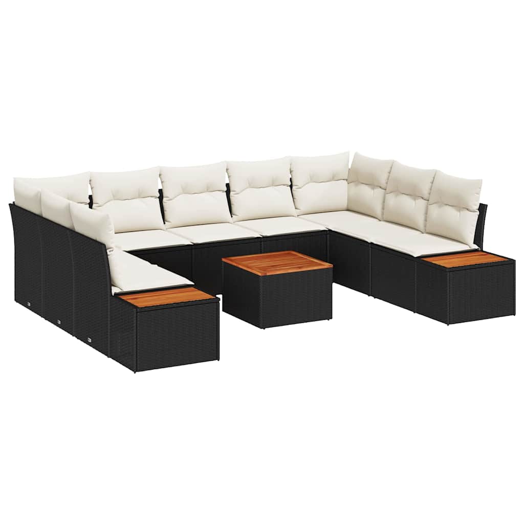 Havesofa Sæt med pude 10 pcs Sort Poly rattan