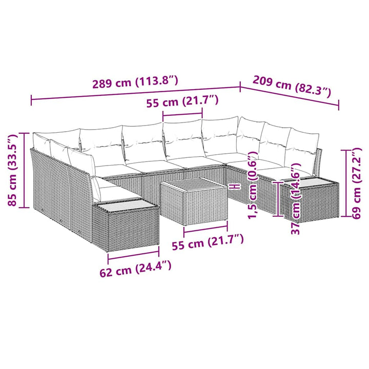 Havesofa Sæt med pude 10 pcs Sort Poly rattan