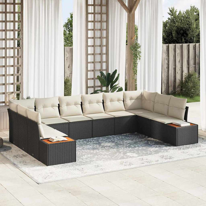 Havesofa Sæt med pude 10 pcs Sort Poly rattan