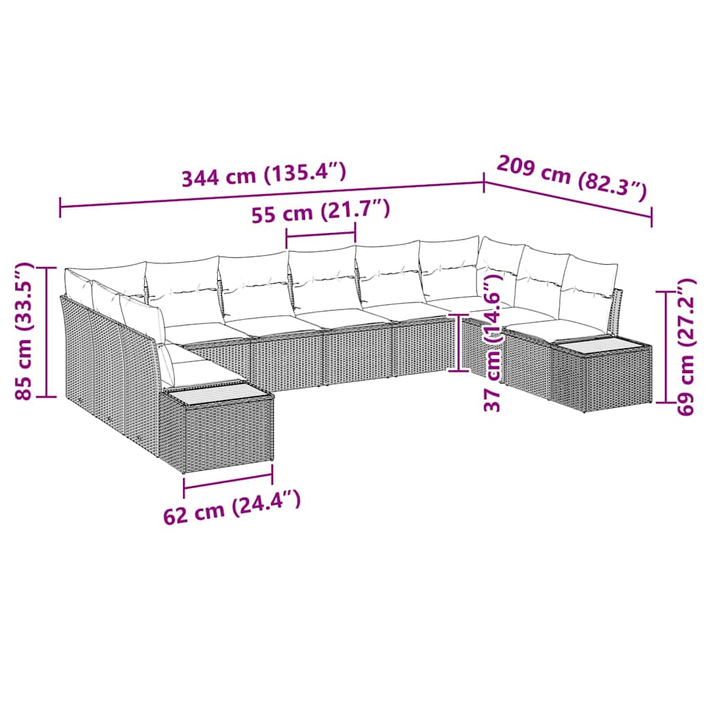 Havesofa Sæt med pude 10 pcs Beige Poly rattan