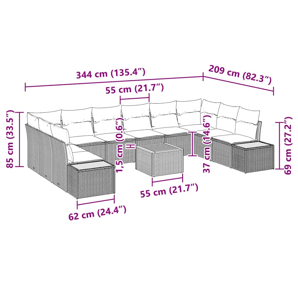 Havesofa Sæt med pude 11 pcs Beige Poly rattan
