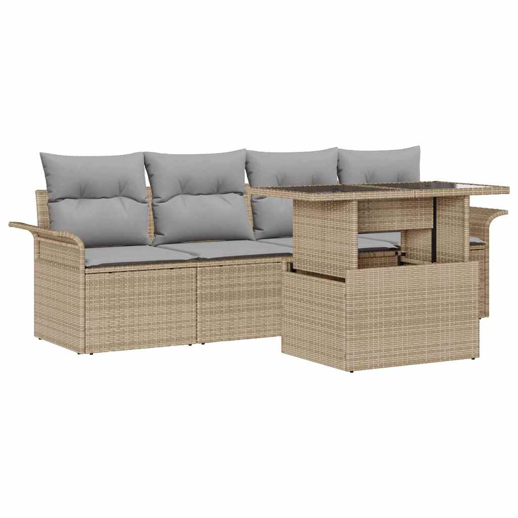 Havesofa Sæt med pude 5 pcs Beige polyrattan
