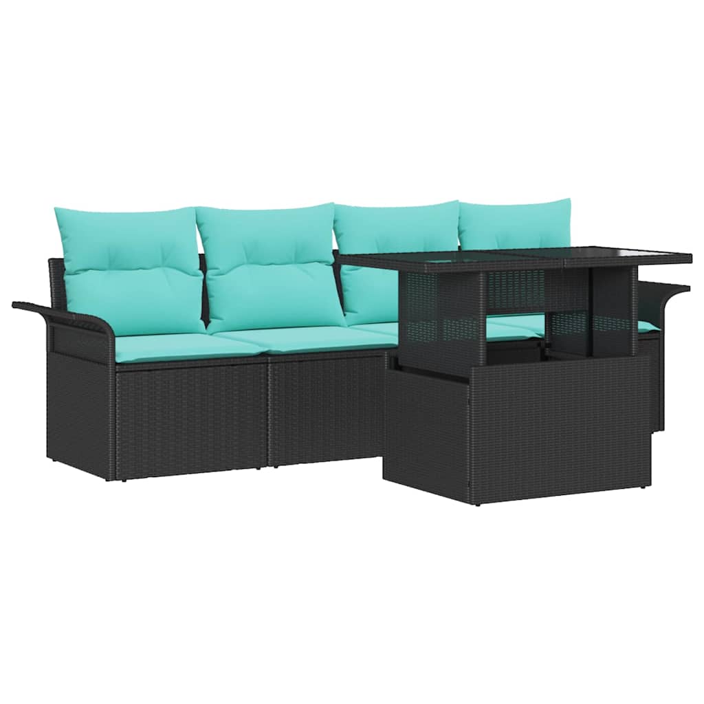 Havesofa Sæt med pude 5 pcs Sort polyrattan