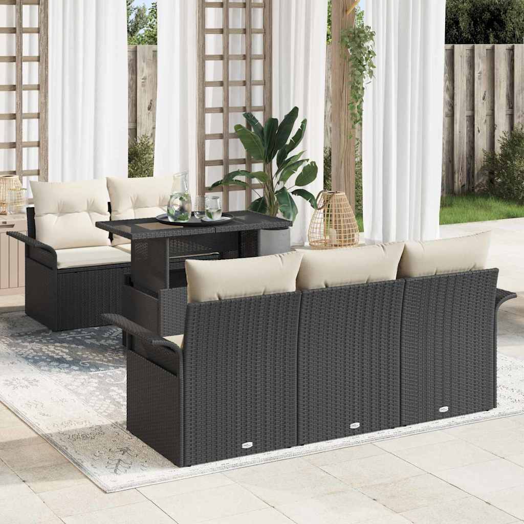 Havesofa Sæt med pude 6 pcs Sort polyrattan