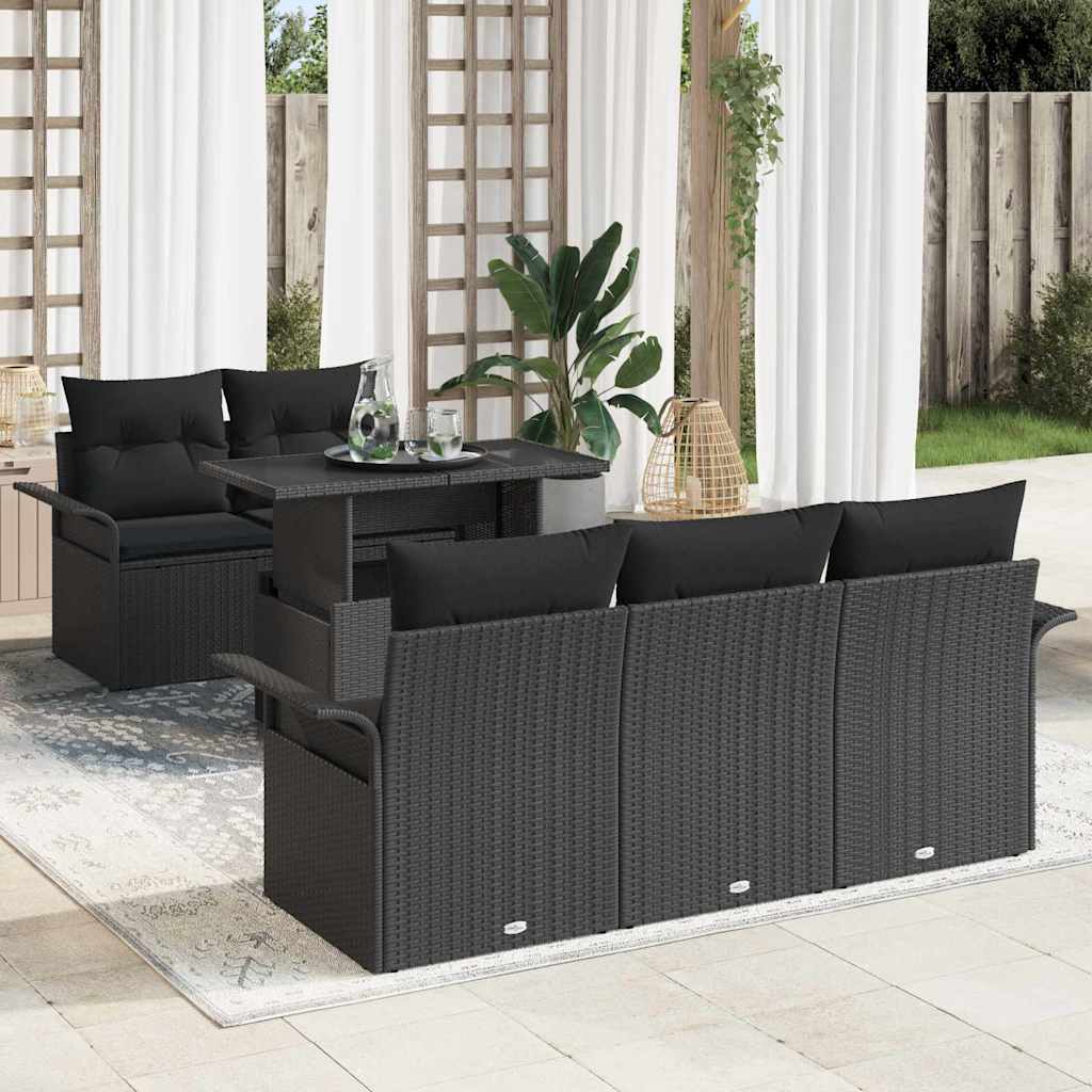 Havesofa Sæt med pude 6 pcs Sort polyrattan