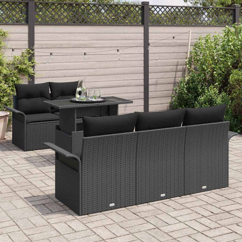 Havesofa Sæt med pude 6 pcs Sort polyrattan