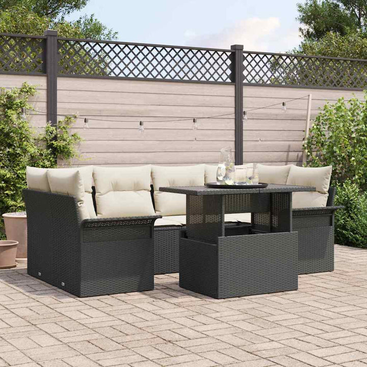 Havesofa Sæt med pude 7 pcs Sort Poly rattan