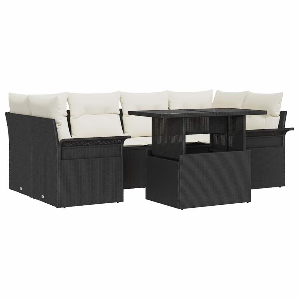 Havesofa Sæt med pude 7 pcs Sort Poly rattan
