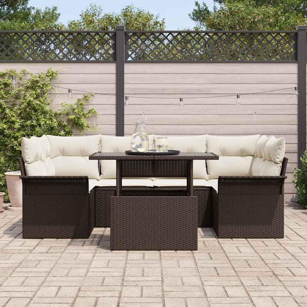 Havesofa Sæt med pude 7 pcs Brun polyrattan