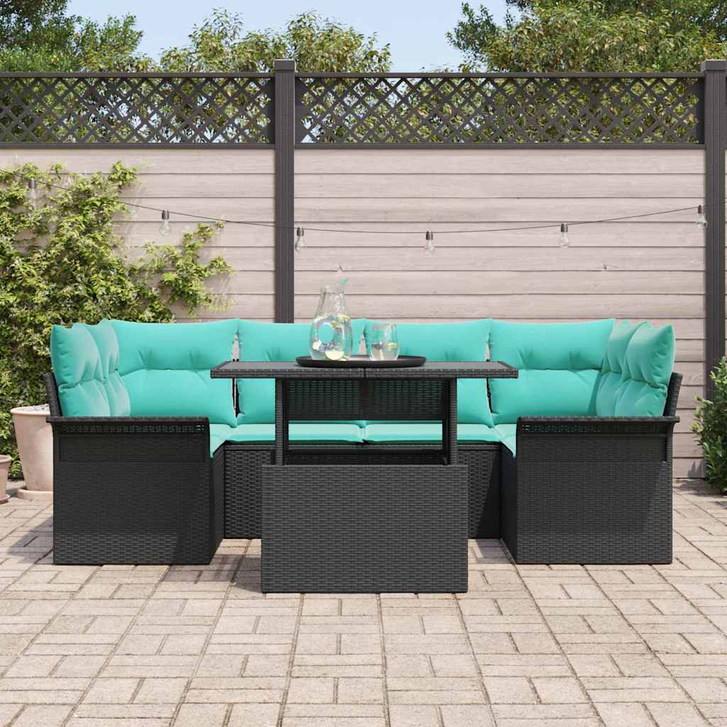 Havesofa Sæt med pude 7 pcs Sort Poly rattan