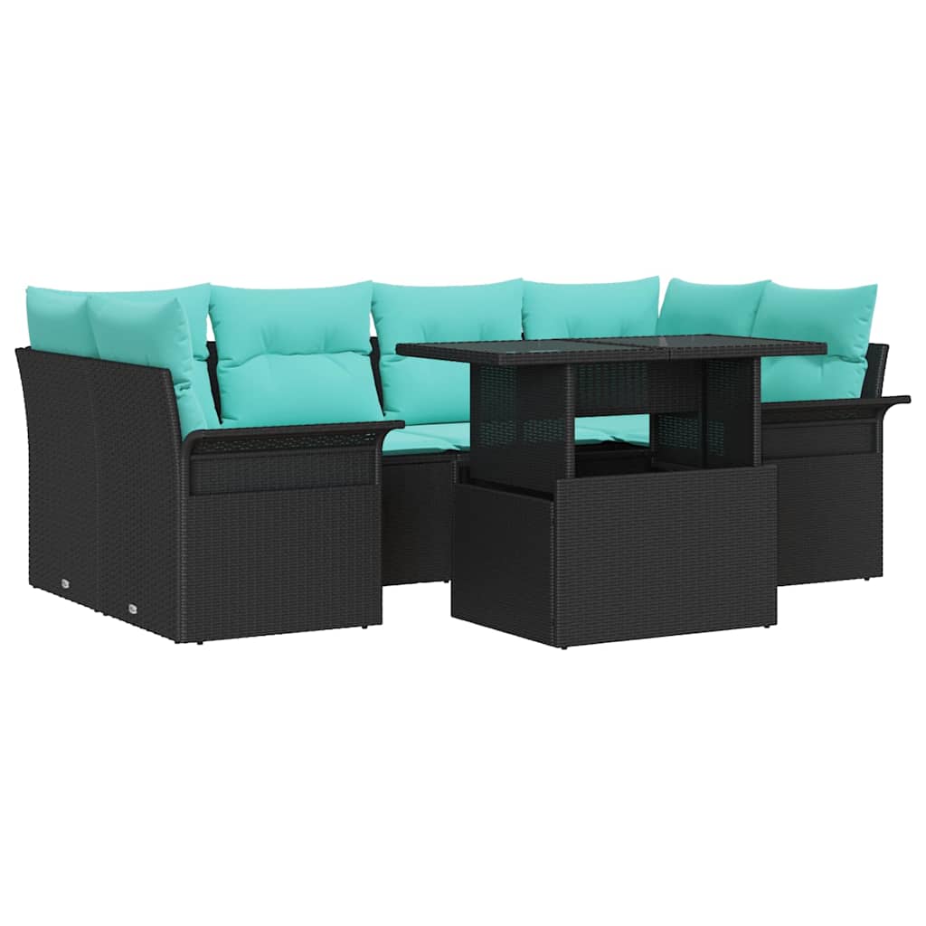 Havesofa Sæt med pude 7 pcs Sort Poly rattan