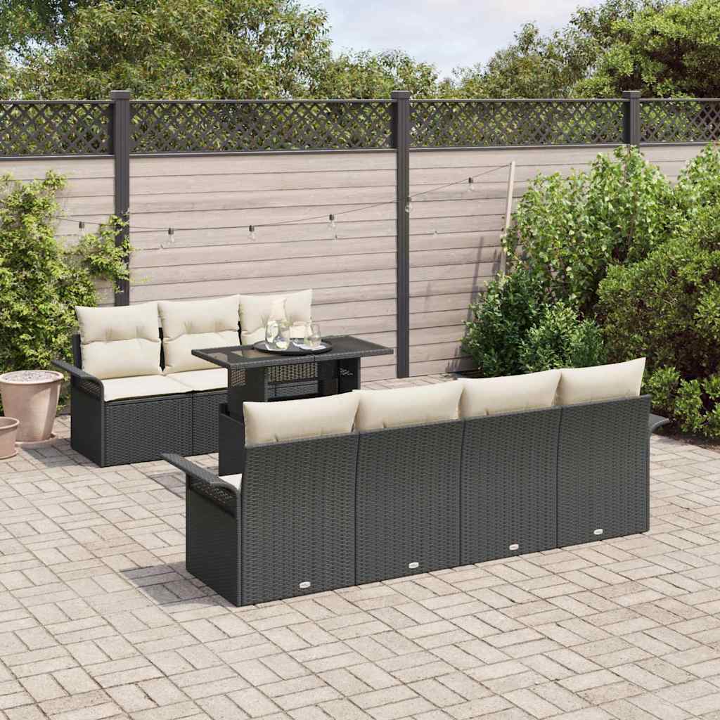 Havesofa Sæt med pude 8 pcs Sort polyrattan